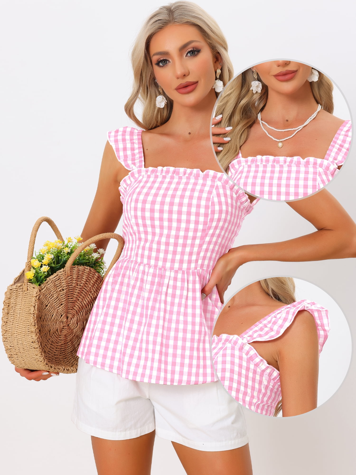 DARING DIVA Women's Peplum Square Neck Sleeveless Plaid Blouse XL Light Peach Color