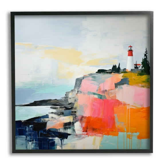 Stupell Industries Modern Hued Lighthouse Landscape Painting Black Framed Art Print Wall Art, 12 x 12