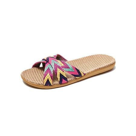 

Daeful Women Men Flat Sandals Summer Slides Beach Slide Sandal Indoor Outdoor Casual Cross Strap Linen Shoes Pink A 5-5.5