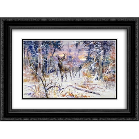Charles M. Russell 2x Matted 24x20 Black Ornate Framed Art Print 'Deer in a Snowy Forest '
