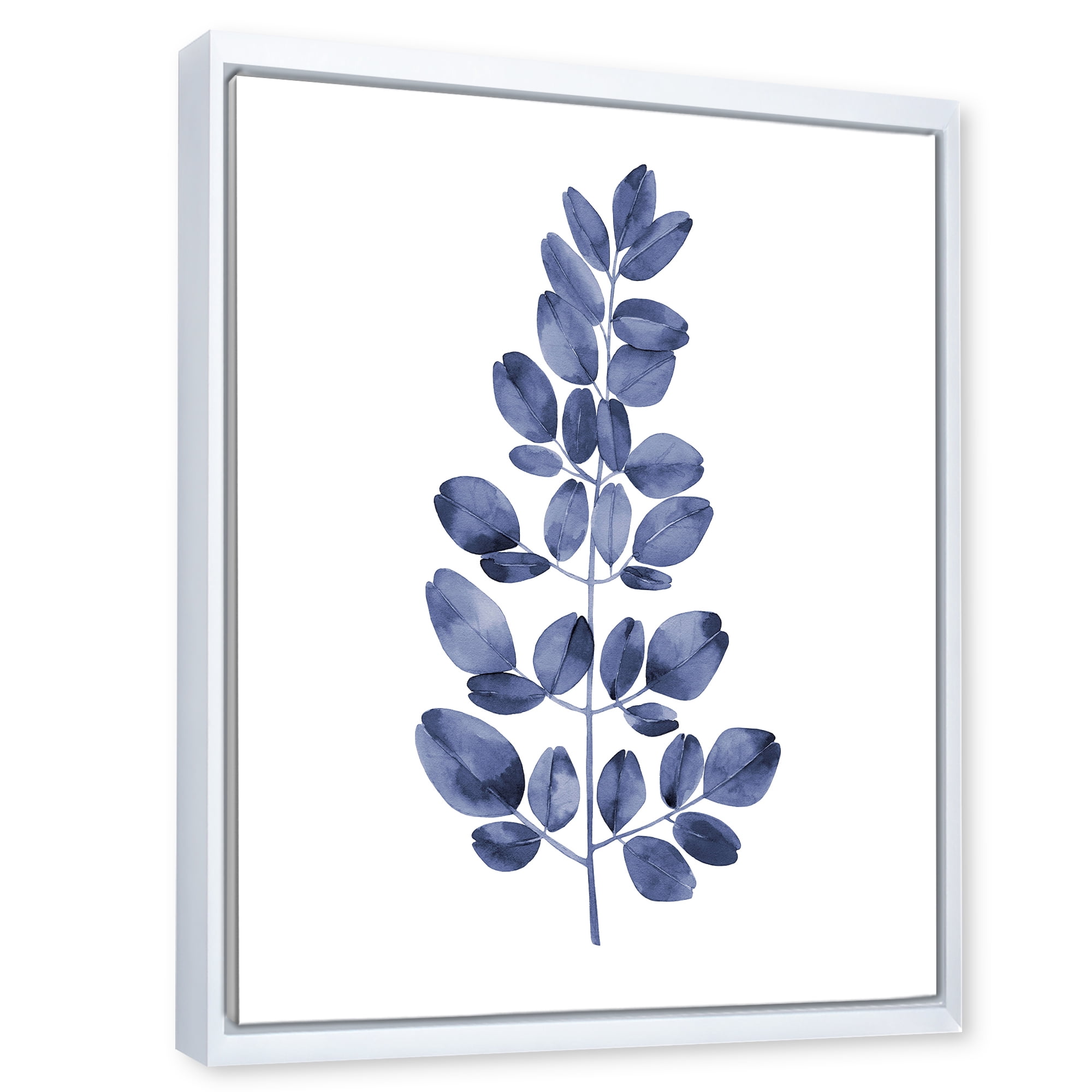 Designart 'Navy Blue Eucalyptus On White' Traditional Framed Canvas Wall Art Print