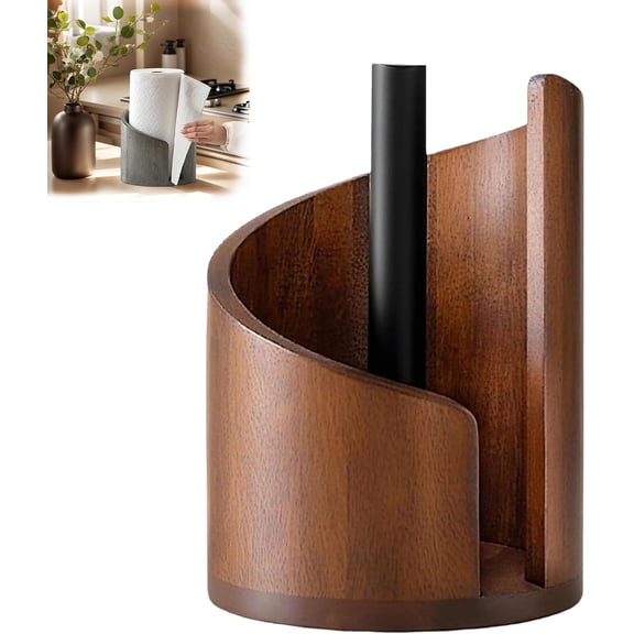 Mountain Paper Towel Holder Countertop with Mango Wood Round Base and Iron Holder, Wood Paper Towel Holders, Holds Mega Roll, Effortless One-Hand Tearing, for Living Room, Kitchen (Brown)