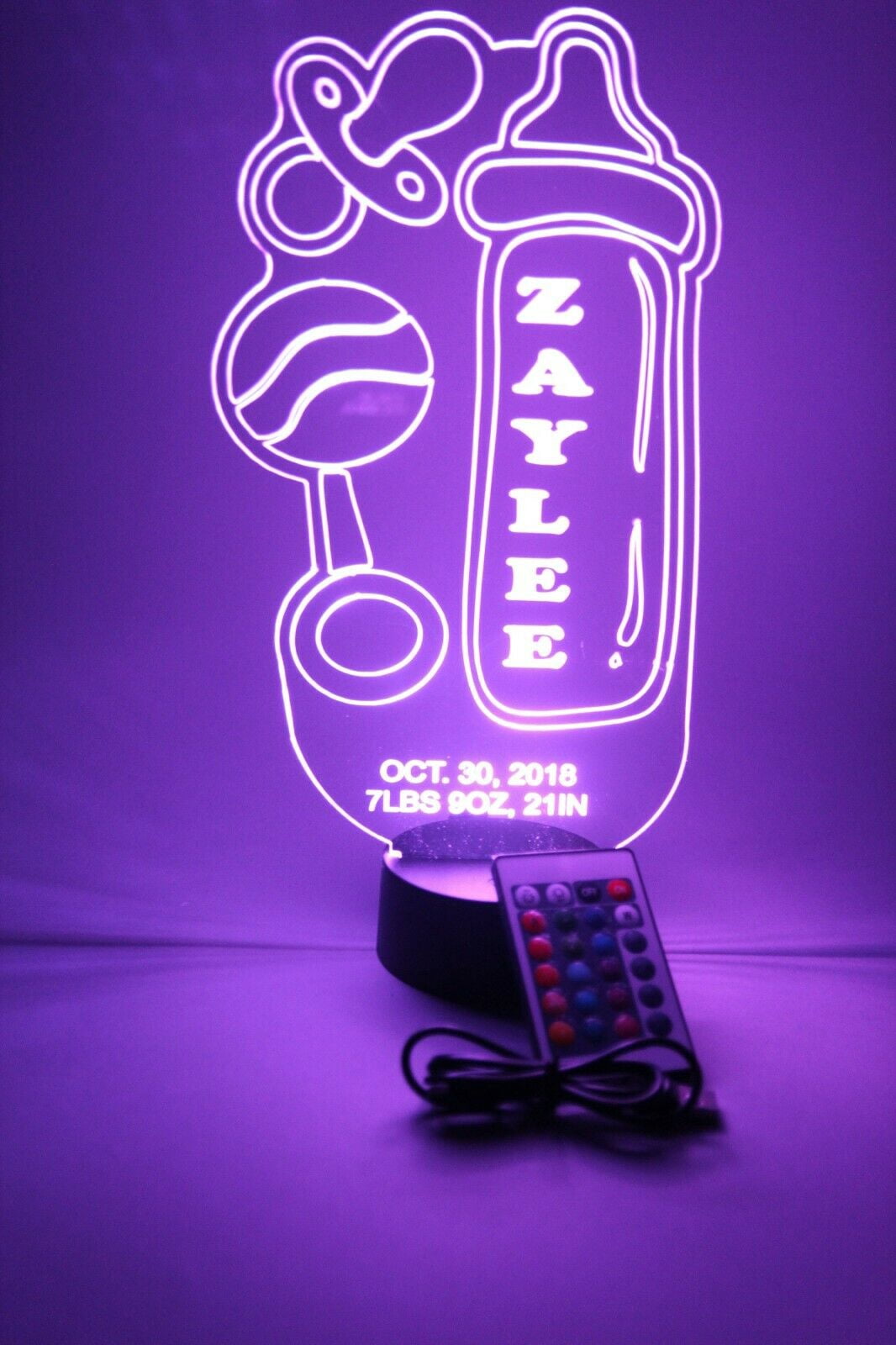 Baby Bottle & Rattle Night Light Up Lamp Personalized LED Nursery Decor Baby Gift LED Free Engraved Custom Name and Birthday With Remote, 16 Color Options, Dimmer, It's WOW, Great Baby Gift