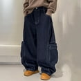 thumbnail image 6 of Wuxian Boys Cargo Pants Baggy Jeans Fashion Washed Vintage Multi Pockets Elastic Waist Casual Wide Leg Denim Trousers Straight Loose Fit Relaxed Dailywear Trendy Streetwear,Dark Blue,13-16 Years, 6 of 6