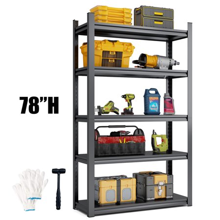 COOKCOK Storage Shelving Unit, 5 Tier Adjustable Metal Shelf, Garage Shelving, 42"x18"x77.9" Heavy Duty Utility Rack Shelves, Up to 3000lbs, W/Hammer, Gloves
