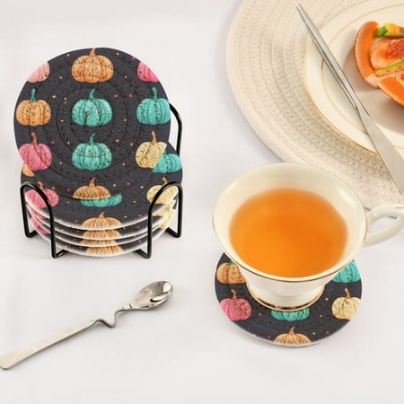 

Colorful Pumpkin Set of 6 Durable Woven Polyester Coasters with Black Storage Rack 4in