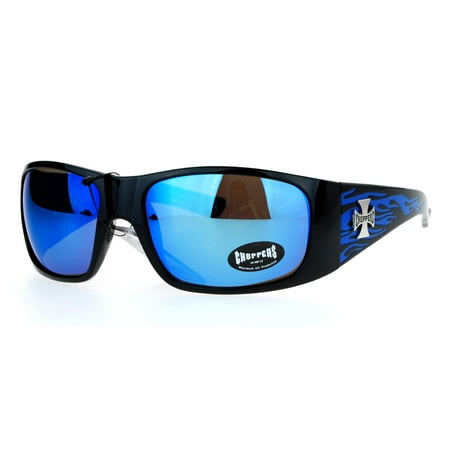 Hot Choppers - Choppers Mirrored Color Lens Hot Rod Flaming Arm Biker Warp Sunglasses Blue