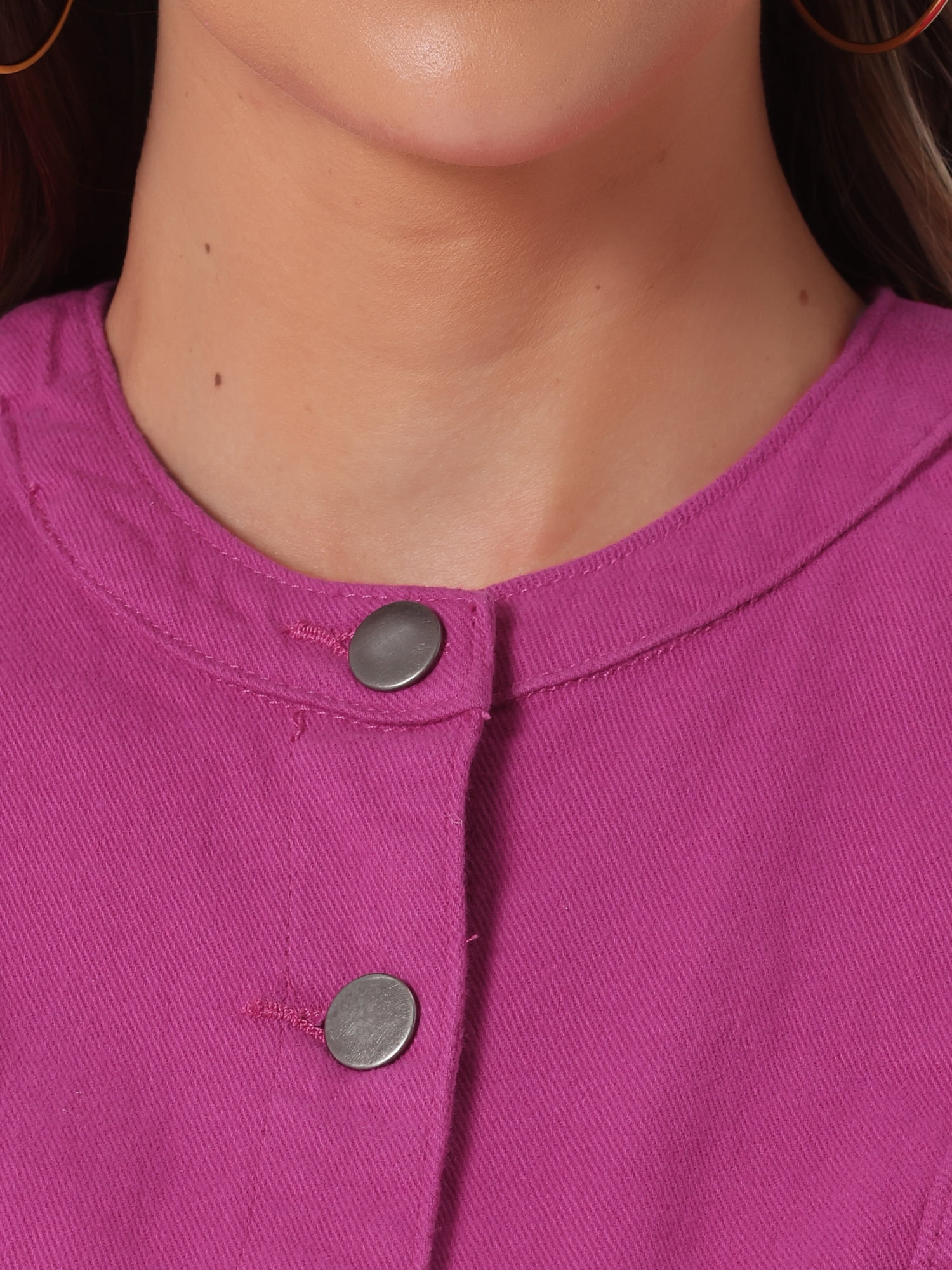 DARING DIVA Women's Button Down Cropped Ruffle Hem Denim Jacket M Hot Pink