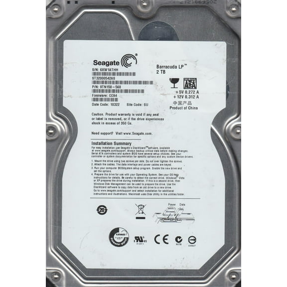 ST32000542AS, 6XW, SU, PN 9TN158-568, FW CC94, Seagate 2TB SATA 3.5 Hard Drive