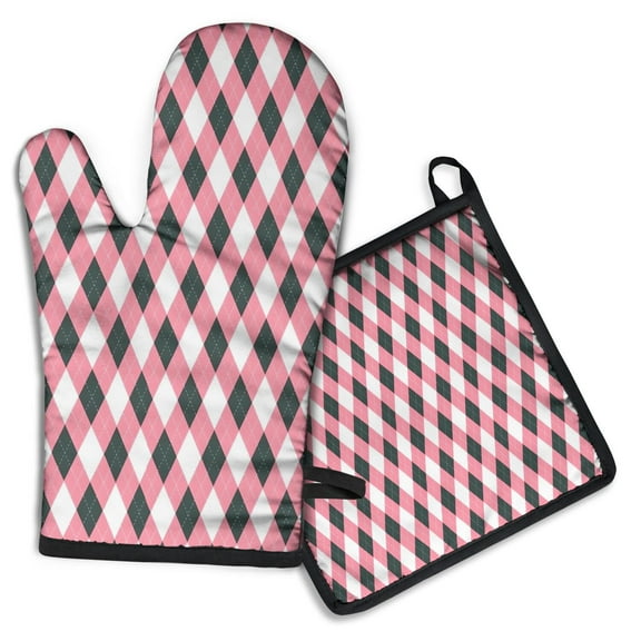 Pink and Black Argyle Pattern Kitchen Oven Mitt and Pot Holder Sets 2 Pcs for Baking, Cooking and Grilling, Heat Resistant Up To 392 °F