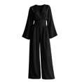 thumbnail image 3 of Elegant Solid Color Wide-Leg Jumpsuit with High Waist and Long Sleeves for Daily Resort Wear Modern Jumpsuit Ensemble, Black, XXL, 3 of 3