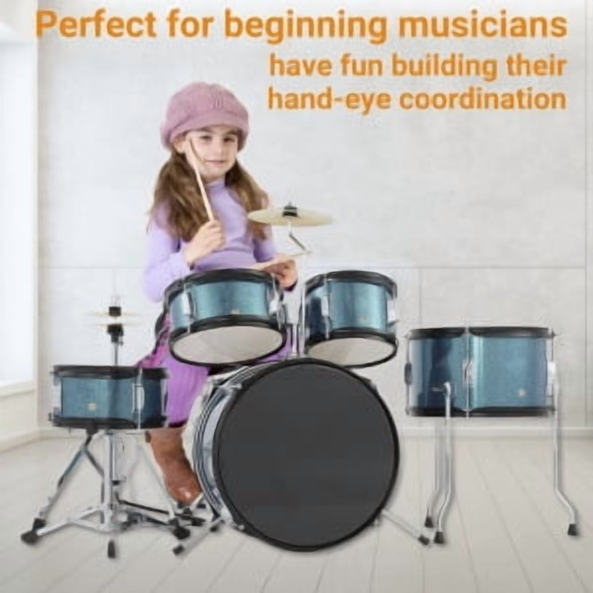 Huisuilinss 5-Piece Junior Drums Set,Beginners Drum Kit with Throne Stool, Pedal & Drumsticks, Kids Drums Musical Instruments W/Cymbal, Hi-Hat, Floor, Tom