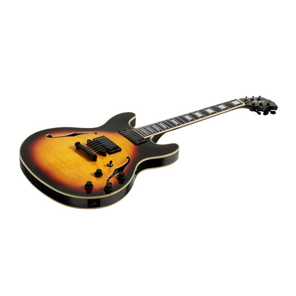 Monoprice Indio Boardwalk Flamed Maple Hollow Body Electric Guitar - Sunburst, With Gig Bag