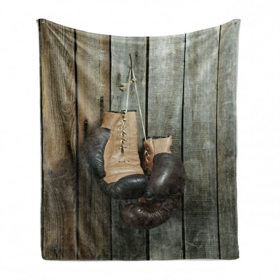 Vintage Soft Flannel Fleece Throw Blanket, Vintage Boxing Gloves on the Old Wooden Background Antique Equipment Photo Art Print, Cozy Plush for Indoor and Outdoor Use, 70" x 90", Brown, by Ambesonne