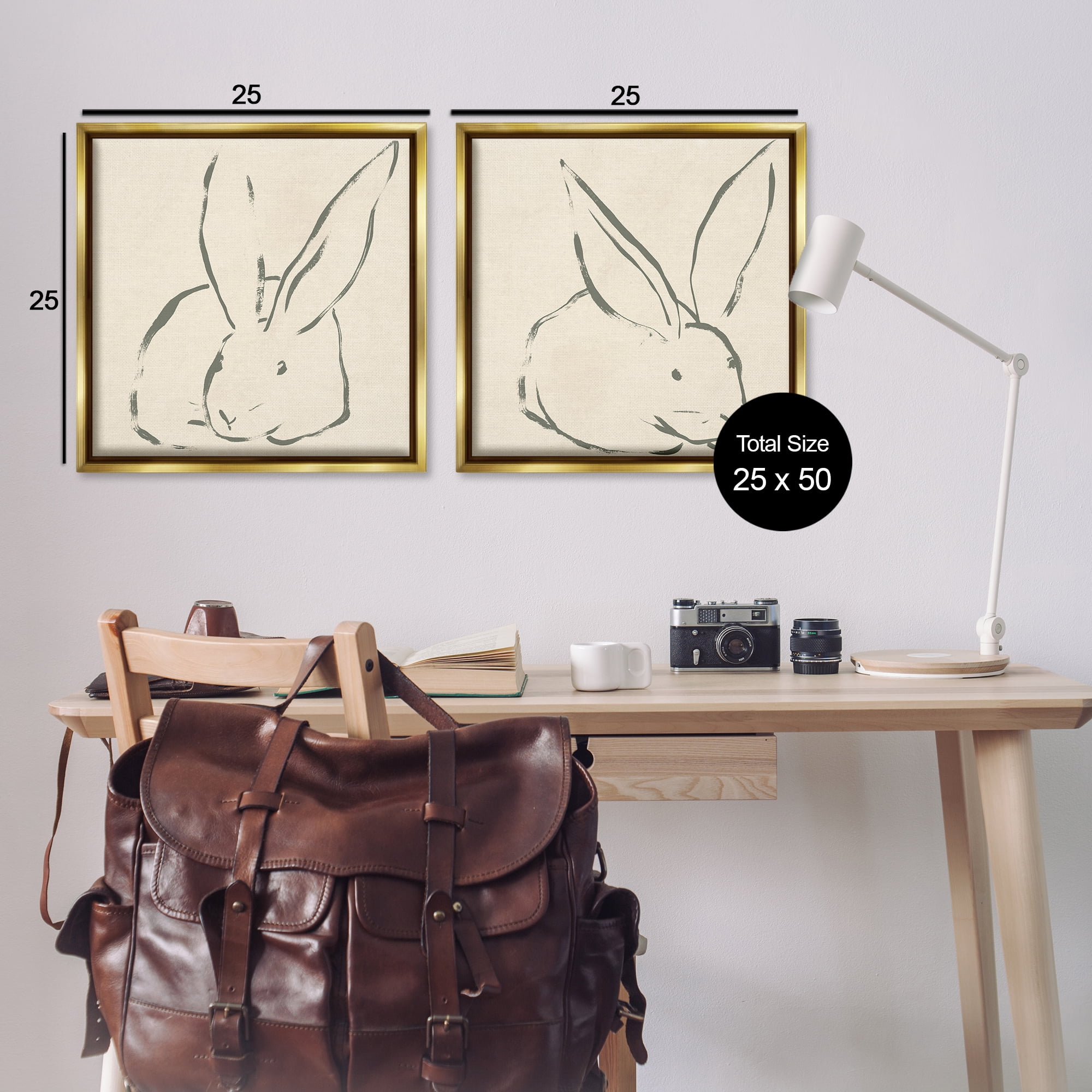Stupell Industries Minimalist Resting Rabbit Line Drawing Animals Drawing Gold Floater Framed Canvas Art Print Wall Art, 25 x 25, Set of 2