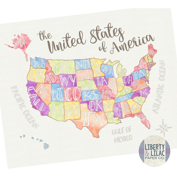 16x20" US Map United States Map in Pastel Colors Fun US Map for Playroom or Classroom Pretty Map of the United States Unframed Poster by Liberty and Lilac Paper Co.