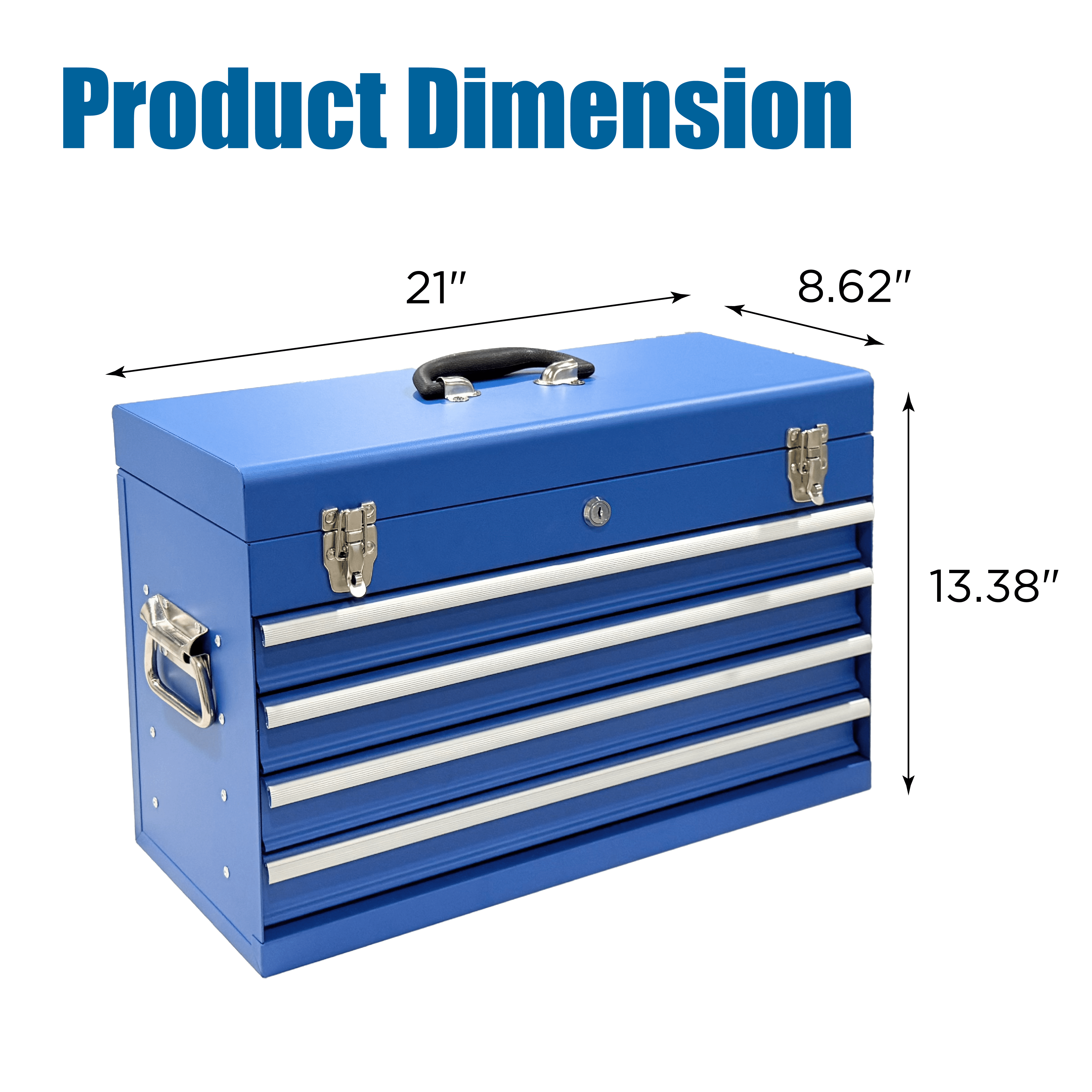 Heavy-Duty 21-Inch Metal Tool Box with 4 Drawers and EVA Liners, Portable Tool Chest with Ball Bearing Slides and Lock, Blue
