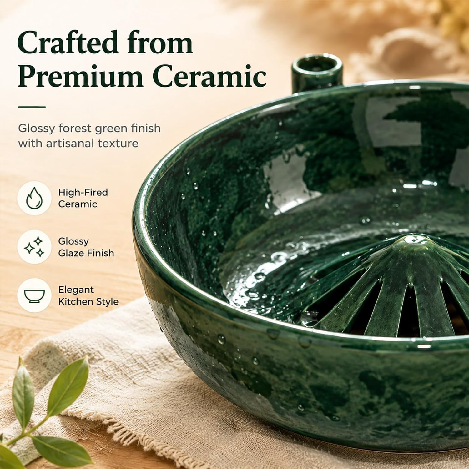 Ceramic Berry Washing Bowl with Water Vortex Design, Self Spinning Fruit Washer & Colander, Forest Green Glazed Berry Cleaner Bowl for Grapes, Blueberries, Strawberries & Small Produce (Green)