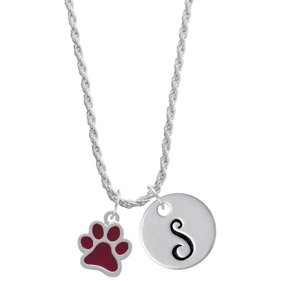Delight Jewelry Silvertone Medium Translucent Maroon Paw Silvertone Script Initial Disc - S - Charm Necklace, 20"+3"