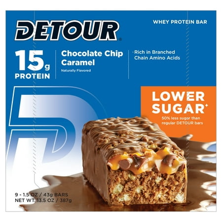 Forward Foods Detour faible teneur en sucre de lactosérum Protein Bar Chocolat Chip Caramel 9-1.5oz (43g) Bars