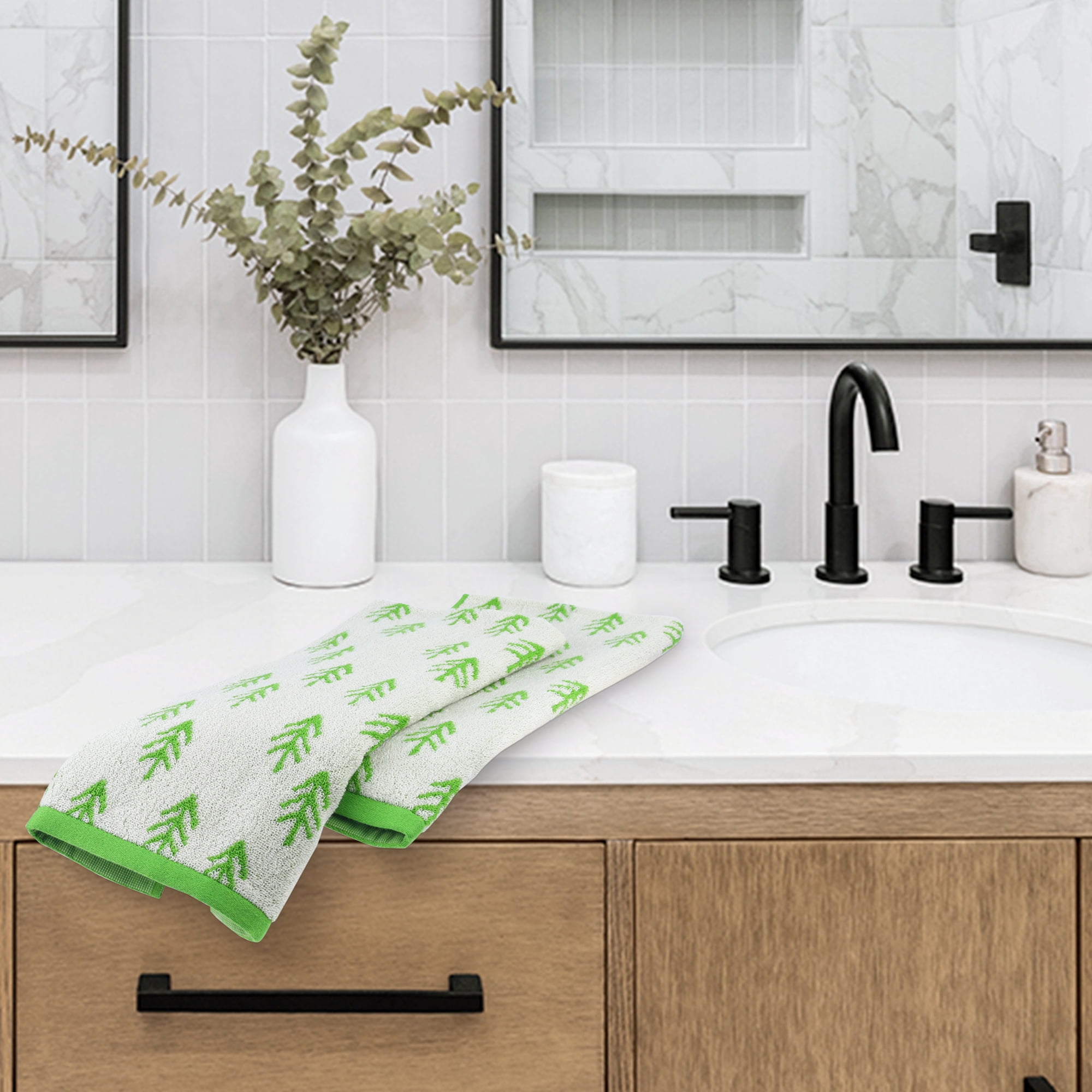 Unique Bargains Cute Plant Pattern Hand Towels Set for Bath, Kitchen Green 2-Piece