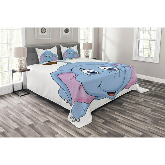 Ambesonne Cartoon Quilted Bedspread Set 3 Pcs, Funny Cartoon Animal Falls, King Size, Pink Blue