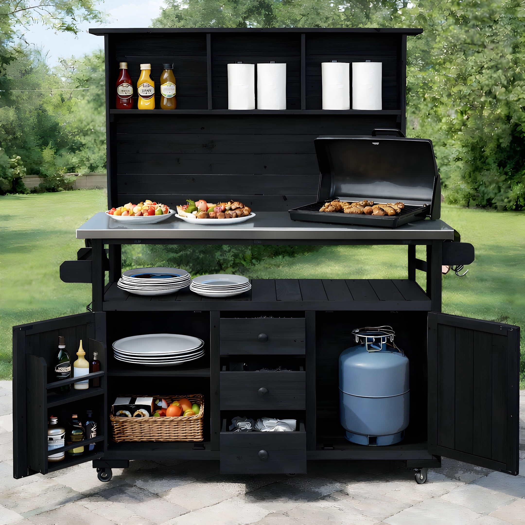 Mintazer Outdoor Storage Potting Bench with Stainless Steel Top, 65"H Wood Garden Potting Station with Lockable Wheels and Drawers & Side Hooks, Black