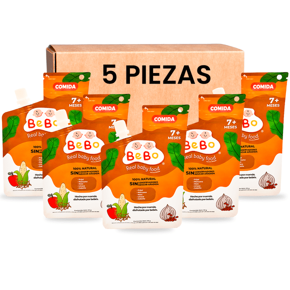 BeBo Papilla Liofilizada de Frijol para Bebé – Comida Completa con Manzana, Maíz y Linaza – Sin Azúcar ni Conservadores – PACK DE 5 POUCH DE 30G