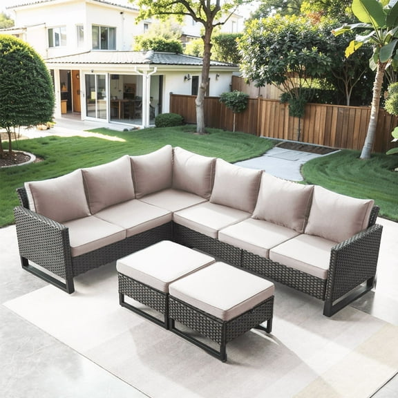 PARKWELL 5 Pieces Outdoor Sectional Sofa All Weather Wicker Rattan Sofa Set with Cushion and Ottoman Patio Conversation Furniture Set in Beige