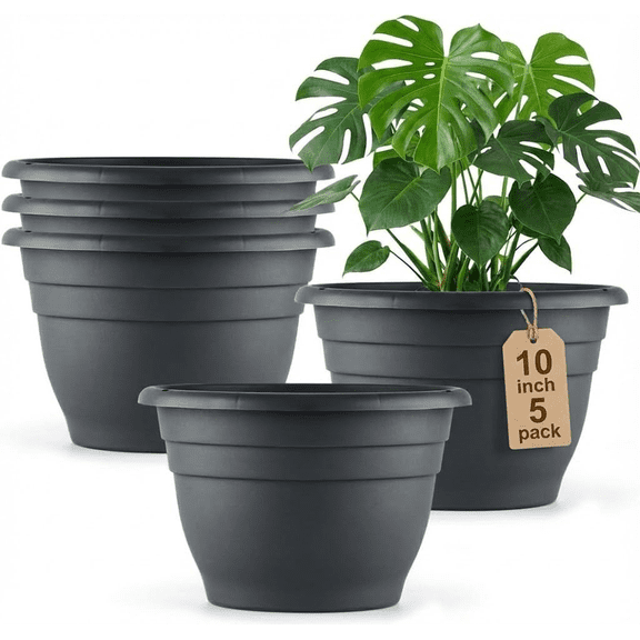 Laposso 5 Pack 10 Inch Round Plastic Flower Pots, Dark Grey Lightweight Plant Planters with Drainage Holes, Modern Decorative Pots for Indoor & Outdoor House Plants