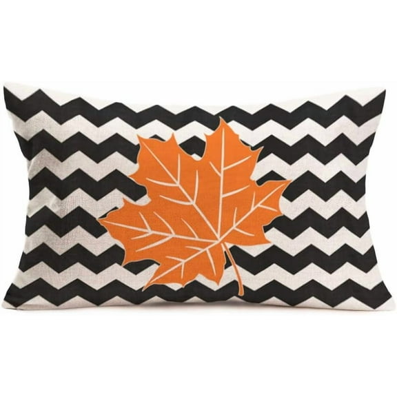 Autumn Maple Leaves Decorative Throw Pillow Covers Black White Wave Stripe Pillowcases Fall Thanksgiving Modern Outdoor Lumbar Cushion Cases for Patio Couch Bench 12 x 20 Inch (H-11)