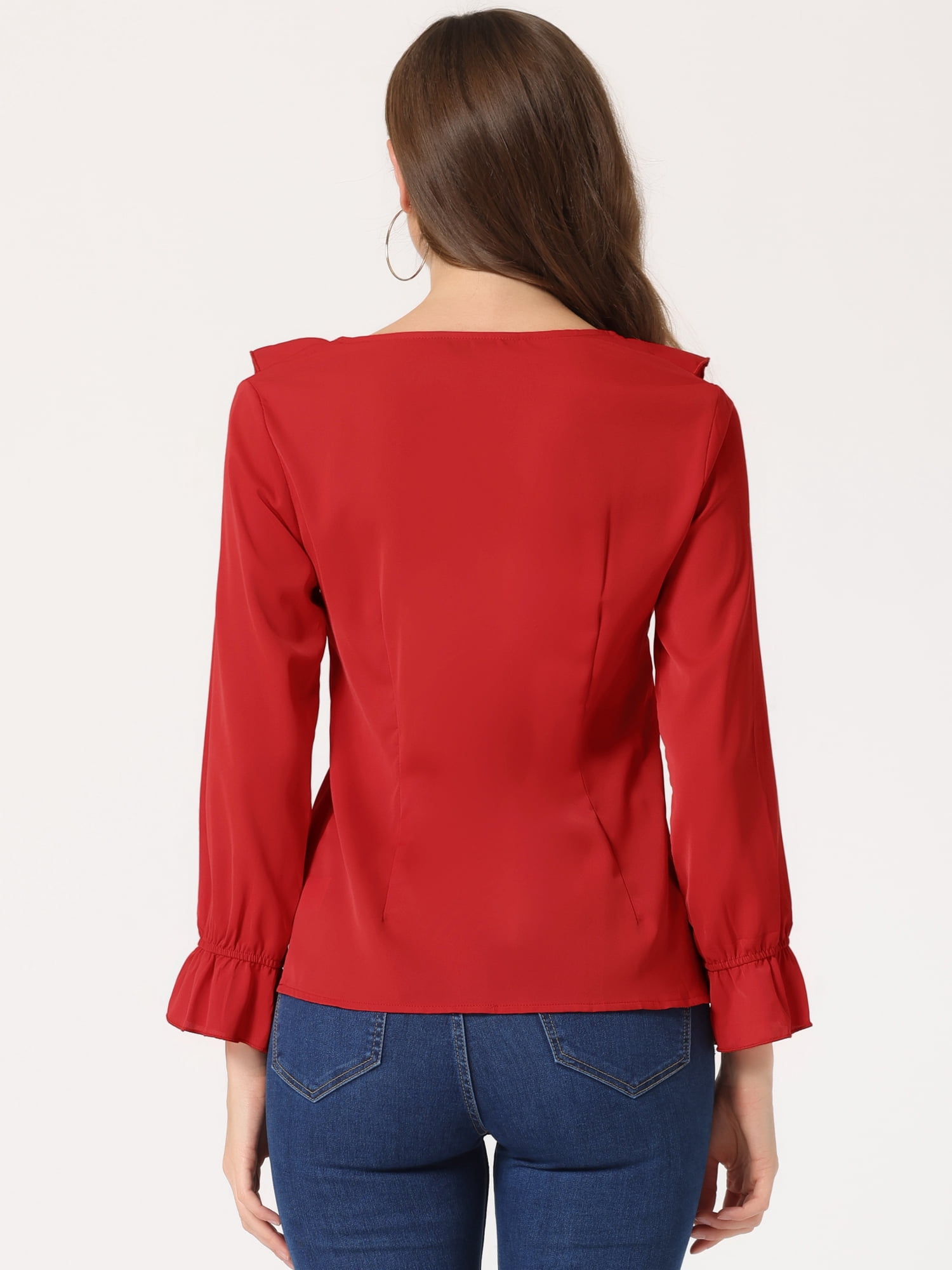 DARING DIVA Women's Ruffle V Neck Chiffon Peasant Blouse XL Red