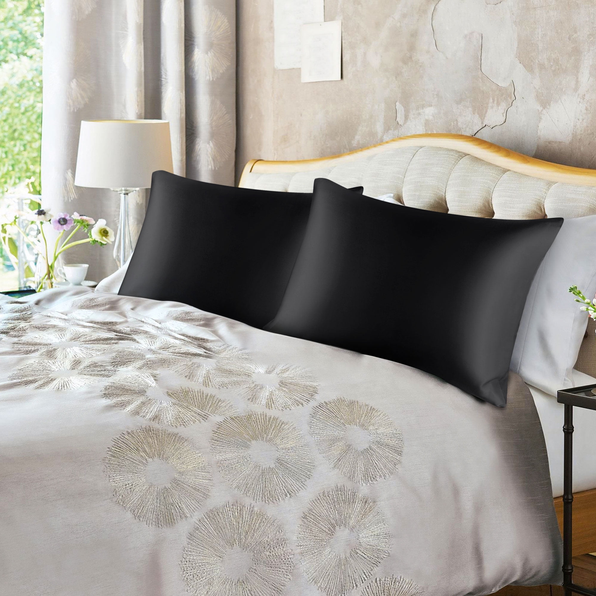 Unique Bargains Satin Envelope Closure Pillowcases Set of 2 Black 20"x26"