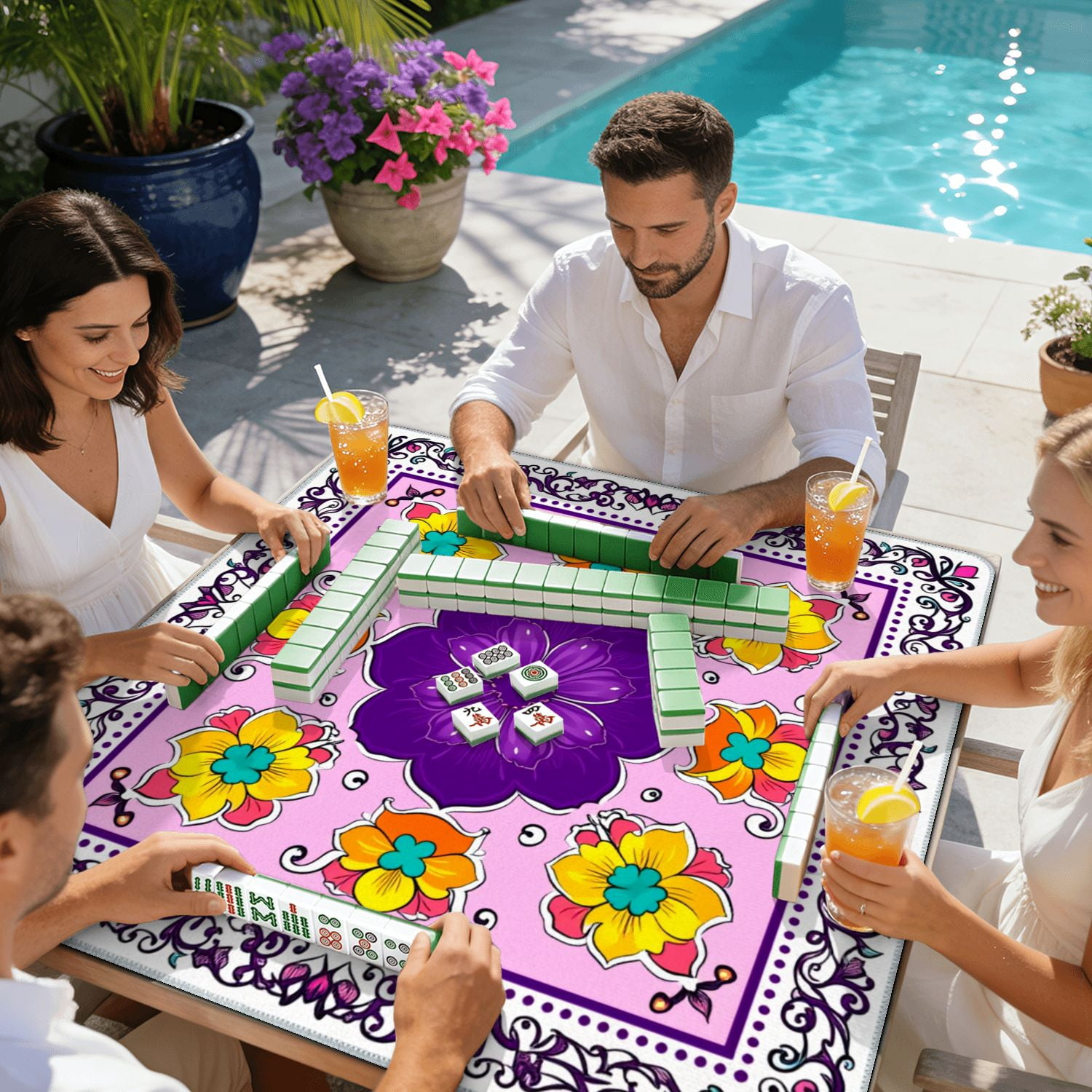 Mahjong Mat 31.5" x 31.5" Ornamental Floral Mandala Purple Center Flower Yellow Blossoms Non-Slip Noise Reduction American Mahjong Tiles Table Cover for Dominoes Poker Card Board Games Gift