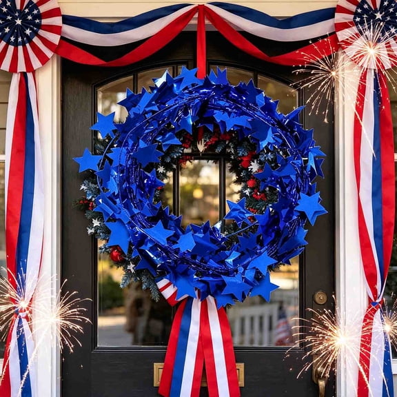 Cififendec Patriotic Star Tinsel Wreath, 9.2", Independence Day Red White Blue Metallic Star Wreath for 4th of July Indoor/Outdoor Party Decor