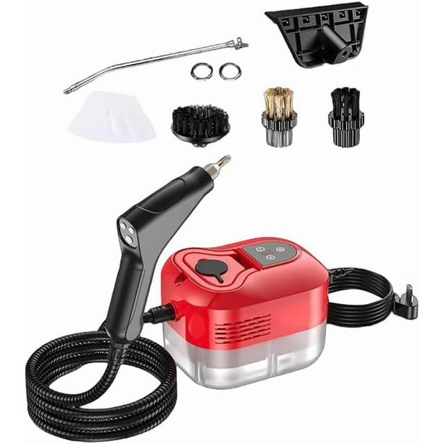 Saker Nettoyeur à Vapeur Portatif, Cuiseur Vapeur Multisurface à Chauffage Rapide 2500 W avec Grand Réservoir d'Eau, 6 Réglages de Vapeur et Accessoires pour Planchers, Fenêtres, Voitures (Rouge - Double Commande (Commande Tactile Améliorée))