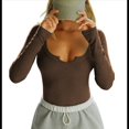 thumbnail image 1 of Blusa Informal Básica de Punto Acanalado, Ajustada, con Cuello Redondo y Larga para Mujer Café XL, 1 of 9