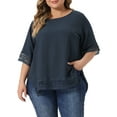 thumbnail image 1 of Blusas Casuales de Manga Corta de Encaje de Talla Grande para Mujeres Agnes Orinda, Cuello Redondo, 4X, Azul Marino, 1 of 6