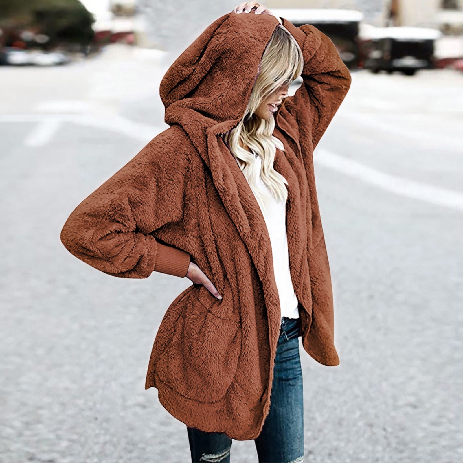 Winter Coats for Women Plus Size S-5X Fleece Long Sleeve Jackets with Hood and Pockets Ladies Casual Solid Warm Open Front Outerwear Coat