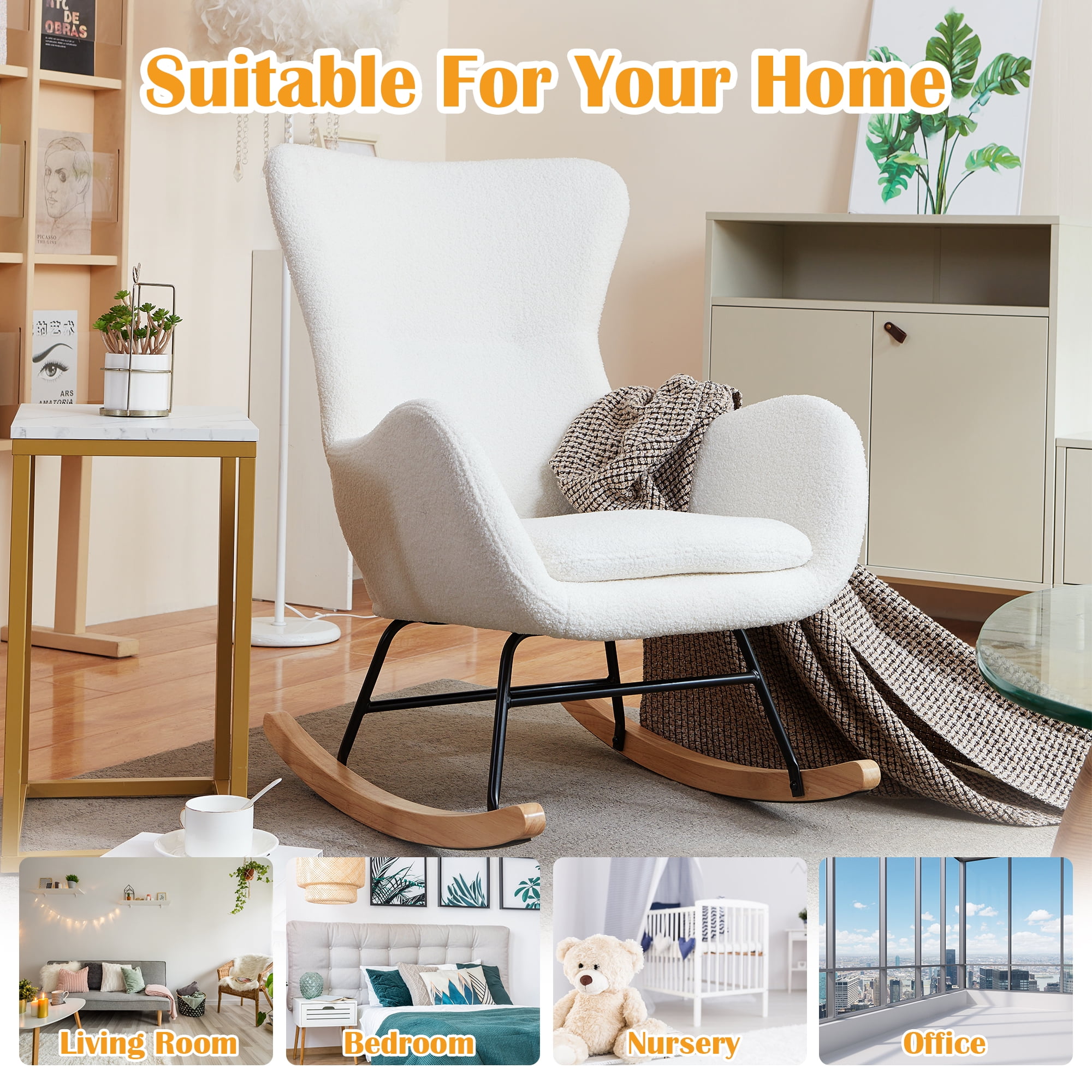 Prilinex Modern Rocking Chair, Nursery Rocking Chair High Wingback Arm Chair with Upholstered for Living Room, Teddy Fabric, Ivory White