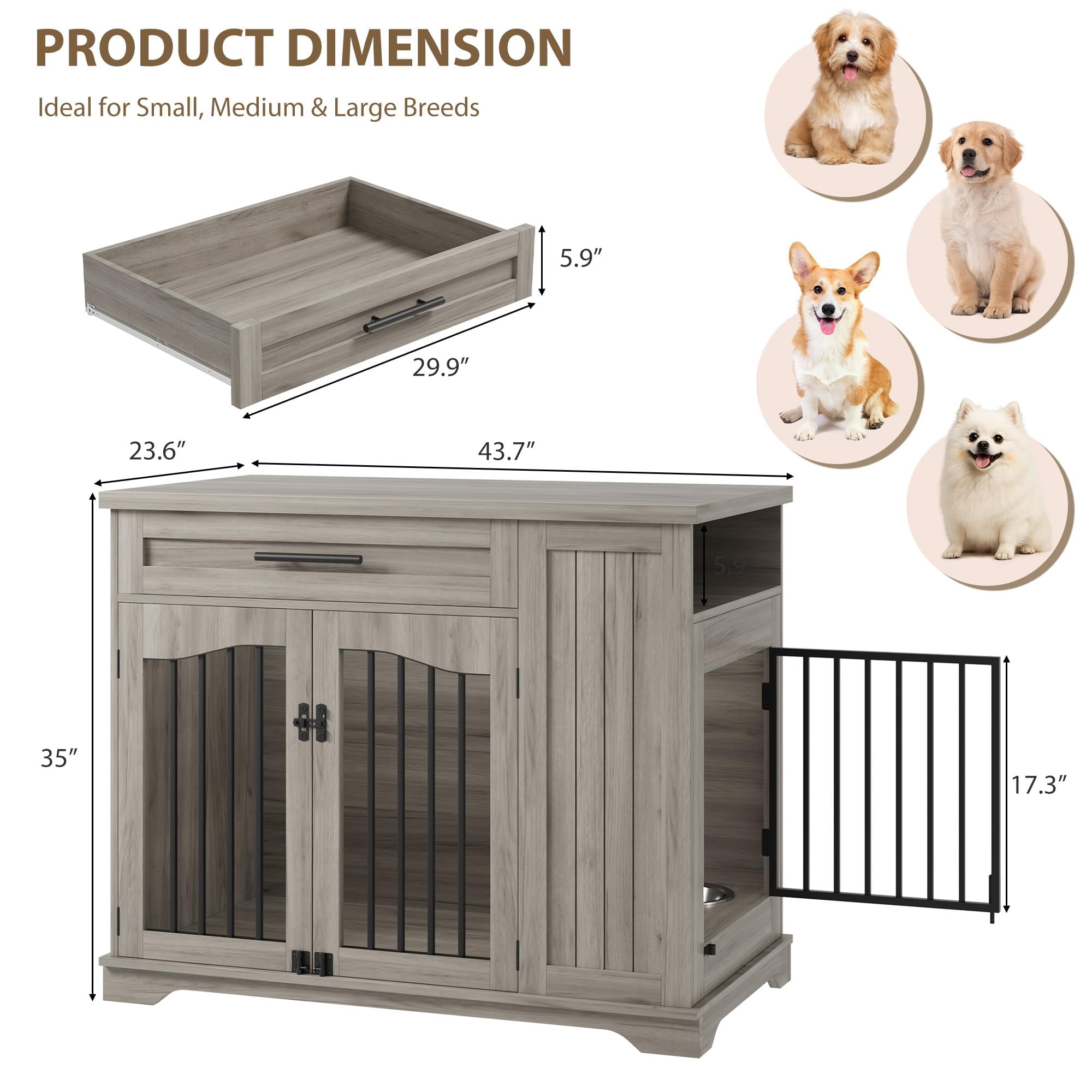 Danolapsi Furniture Style Dog Crate for Large Dogs, 44 Inch Heavy Duty Wooden Dog Kennel Furniture with Drawer & Side Storage and Bulit-in Feeding Station