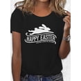 thumbnail image 2 of Camiseta de manga corta y cuello redondo para mujer con diseño de conejito corriendo y el lema "FELIZ PASCUA". Talla grande - 2094. Para adultos, hombres, mujeres, adolescentes, jóvenes y uso informal, 2 of 7