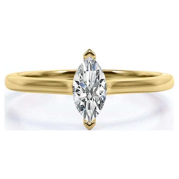 JeenMata Anillo de Compromiso Solitario de Talla Marquesa Exclusivo en Baño de Oro Amarillo de 18 K sobre Plata