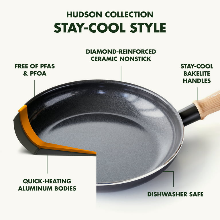 GreenPan Hudson Healthy Ceramic Nonstick, 9.5 and 11 Frying Pan Skillet  Set, Vintage Wood Inspired Handle, PFAS-Free, Dishwasher Safe, Forest Green