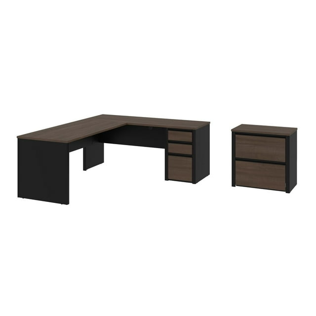 Bestar Connexion 2-piece office set with L-shaped desk featuring three drawers and matching two-drawer lateral file cabinet in antigua wood finish with black accents.