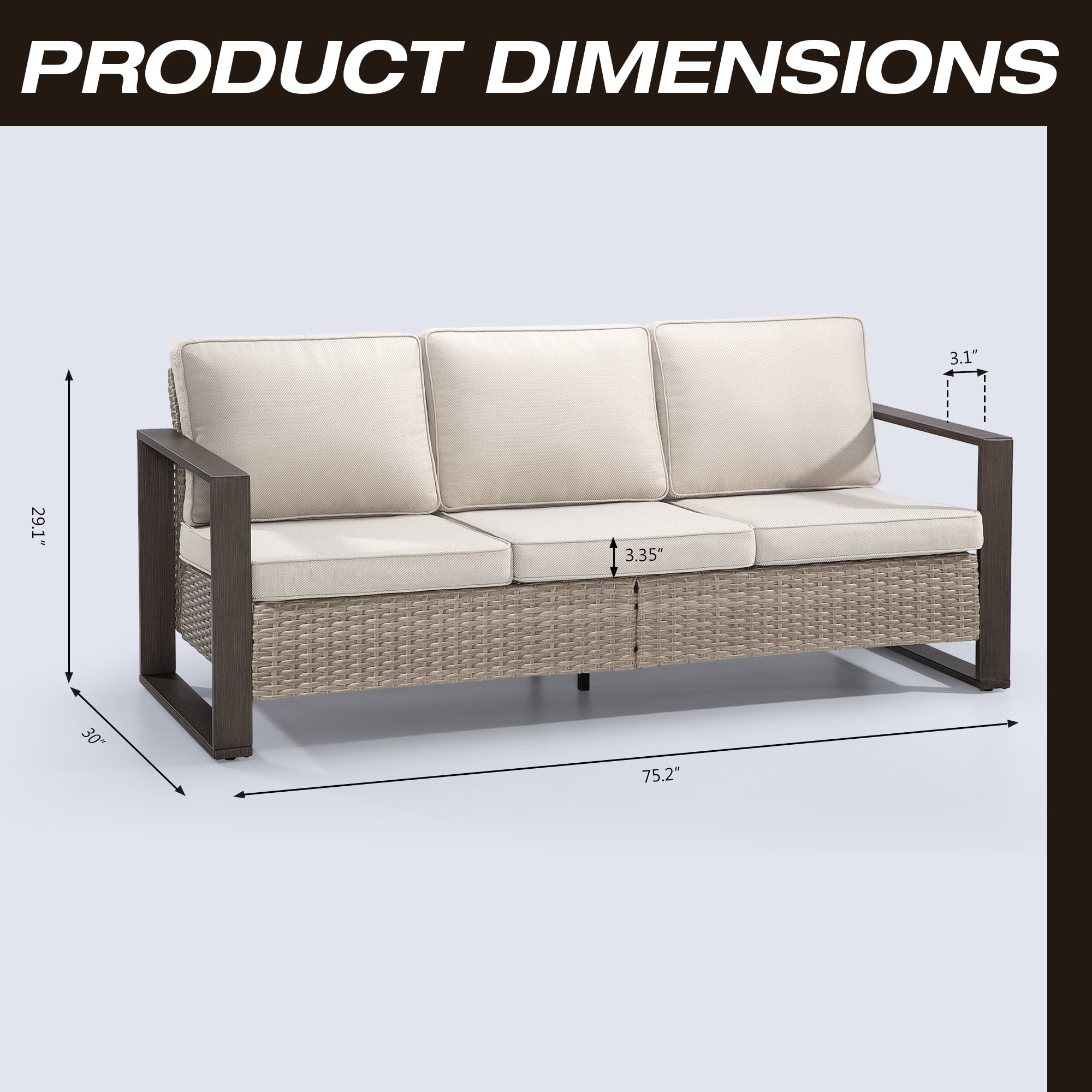Meetleisure 3-Seat Patio Wicker Sofa with Removable Cushions, Beige