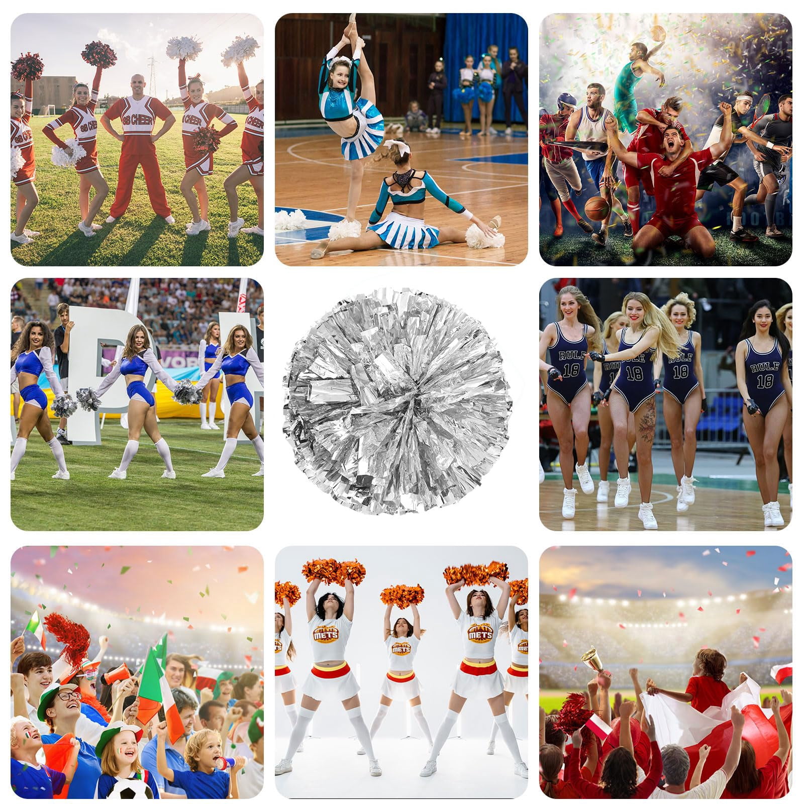 8 Pcs Cheerleading Pom Poms, Cheerleader Pompoms with Finger Holes,Fit for Team Spirit Sports Dance Cheering