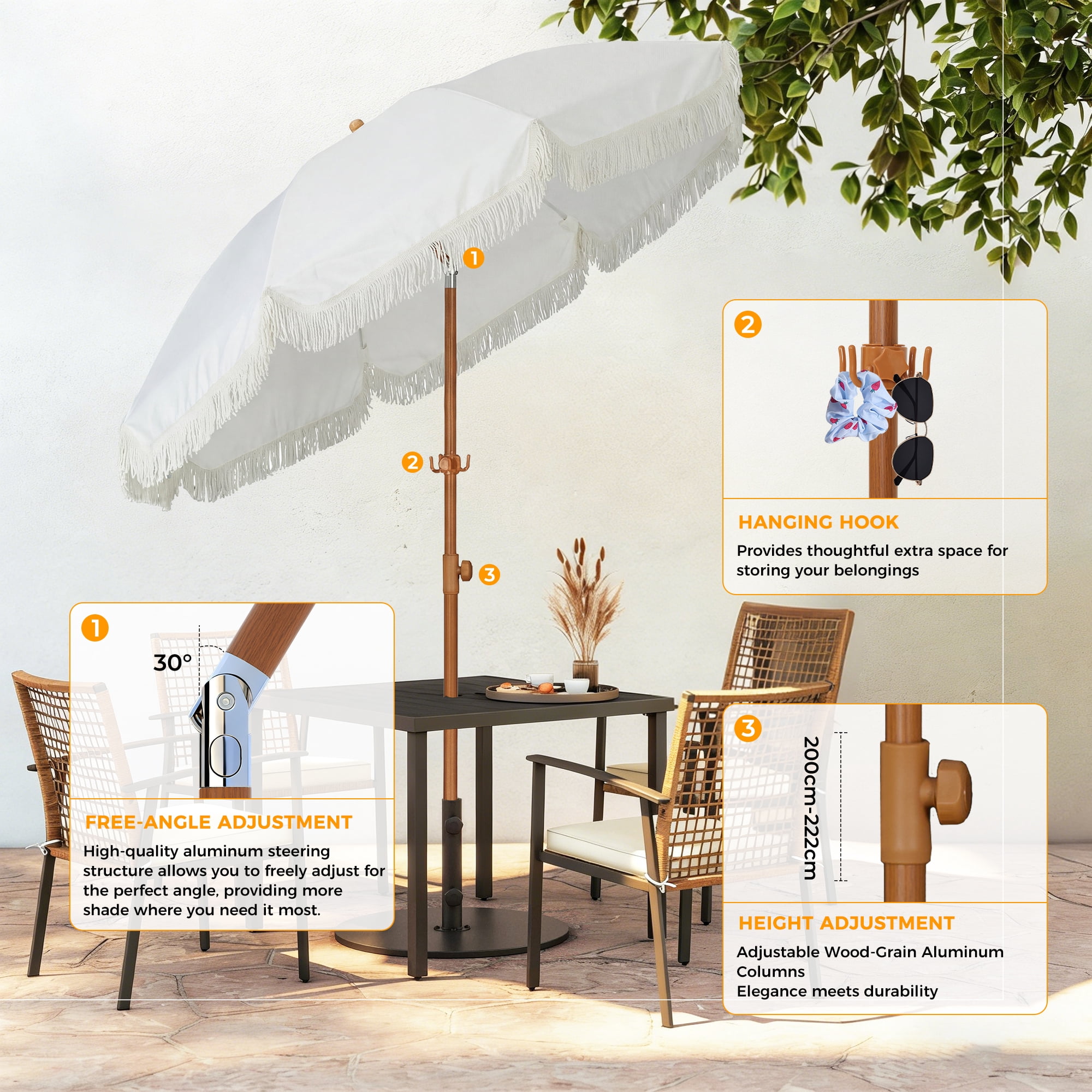 HOMEDEMO Boho Patio Umbrella with Fringe & Tassel - UPF50+ Sun Protection, Push Button Tilt, Premium Aluminum Pole & Fiberglass Ribs, Outdoor Market Umbrella with Hanging Hook