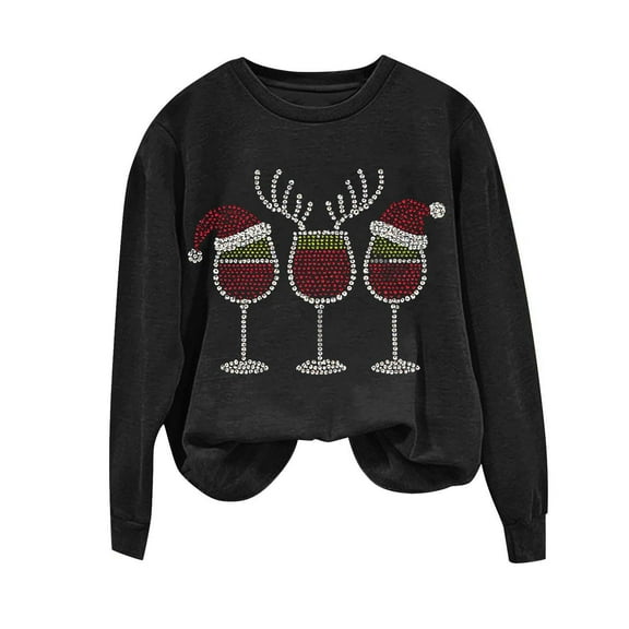 Gytharion Christmas Sweatshirts for Women Funny Casual Christmas Wine Glass Graphic Pullover Top Loose Cozy Rhinestones Long Sleeved Crew Neck Winter Xmas Sweatshirt