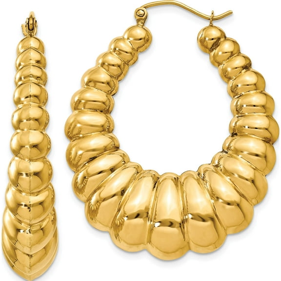 14K Yellow Gold Polished Scalloped Hoop Earrings (41 X 34) Made In Indonesia s1503